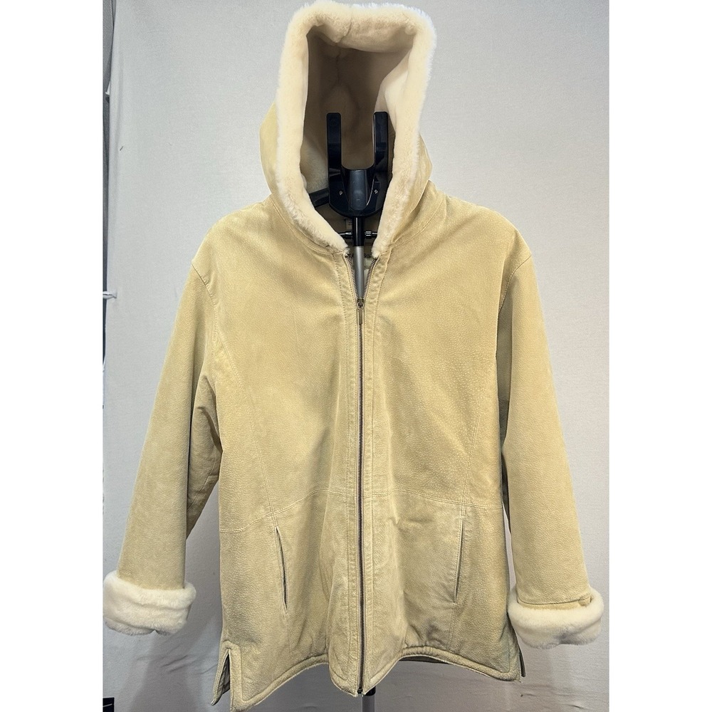 St John's Bay Suede Genuine Leather Coat Hoodie Jacket Tan Faux‎ Fur Lined Large
